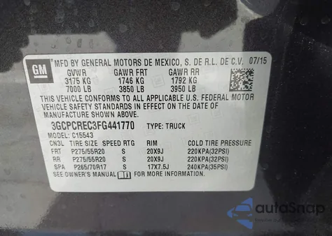 2015 Chevrolet Silverado 1500 1Lt from USA, damaged, VIN 3GCPCREC3FG441770